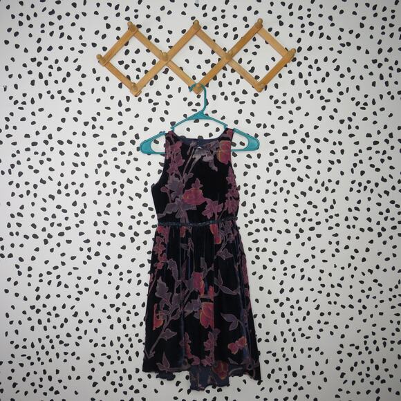 Rare Editions Navy Velvet Floral Print Sleeveless Girls Dress - Picture 1 of 6